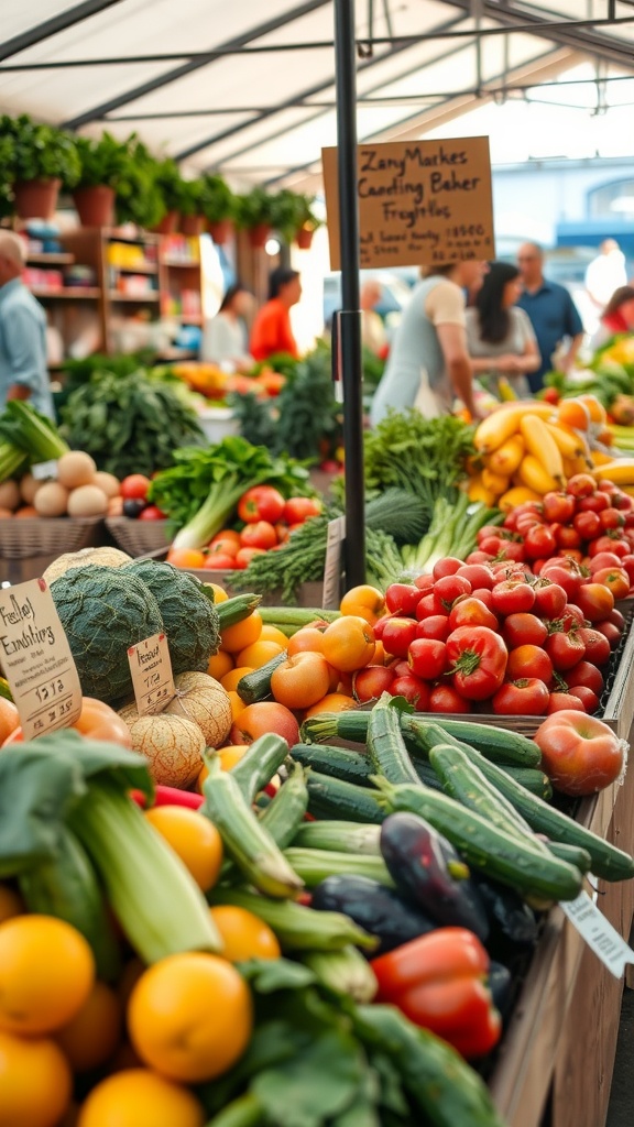 An outdoor market display filled with colorful seasonal fruits and vegetables, with shoppers browsing.