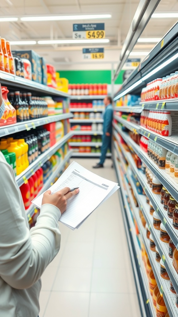 A person holding a shopping list while standing in a grocery store aisle.
