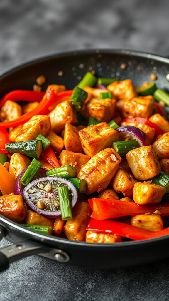 A delicious teriyaki chicken stir-fry with colorful vegetables in a black pan.
