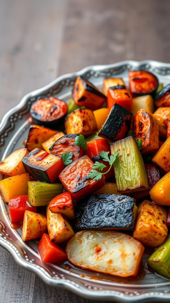 A plate of grilled colorful vegetables including bell peppers, carrots, and cucumbers.