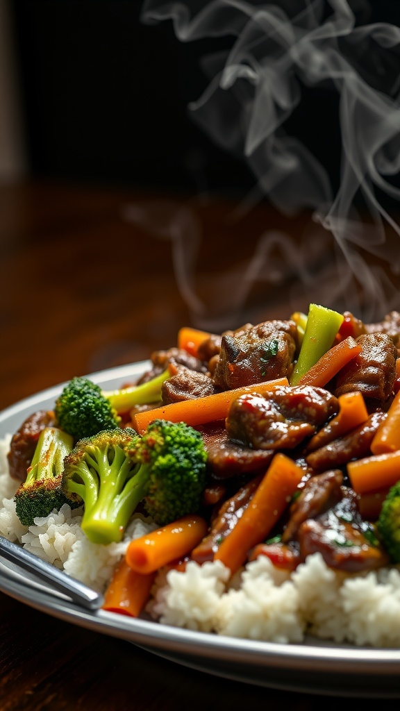 A plate of beef and broccoli stir-fry with colorful veggies and rice.