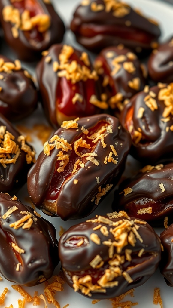 A close-up of chocolate-dipped dates garnished with kataifi.