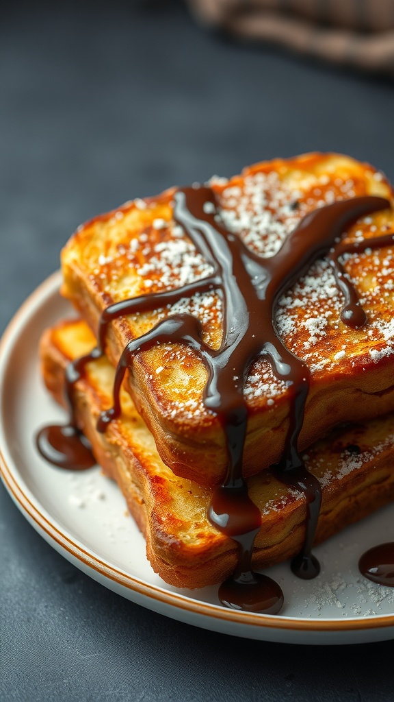 A plate of Chocolate Kataifi French Toast topped with chocolate sauce and powdered sugar.