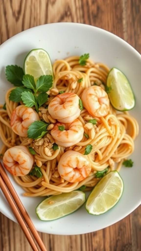 A bowl of Pad Thai with shrimp, garnished with lime and fresh herbs.