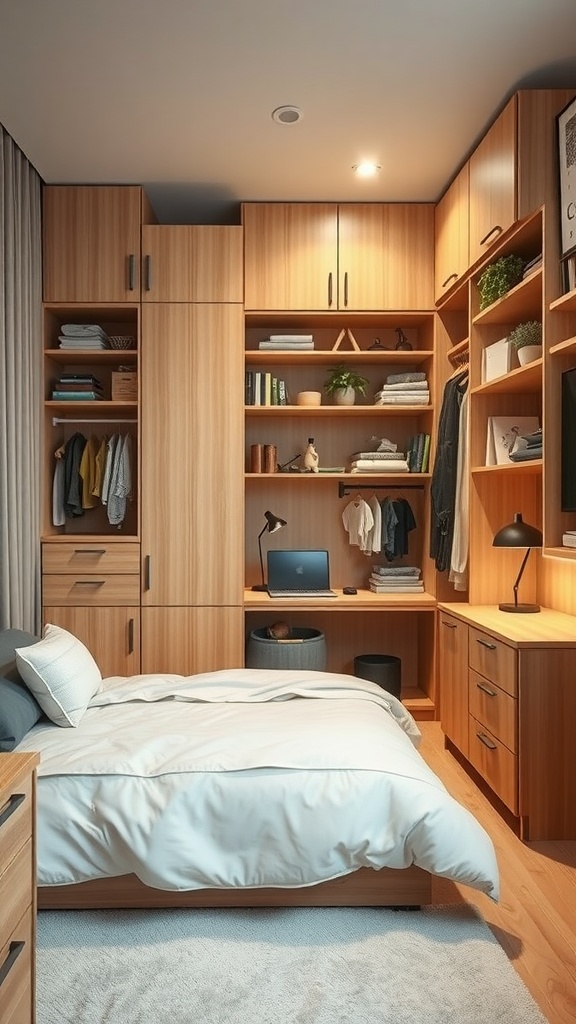A modern small Japanese apartment with clever storage solutions, featuring wooden shelves, a bed, and organized items.
