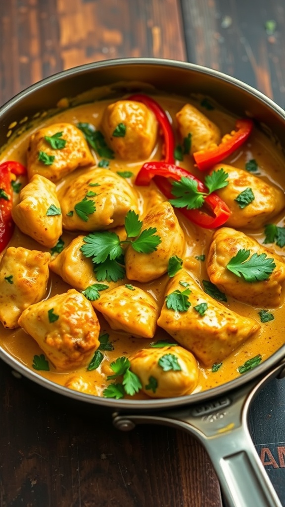 A delicious coconut curry chicken dish in a skillet.