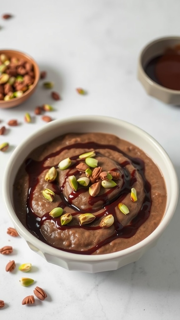 A bowl of creamy chocolate rice pudding topped with nuts and syrup.