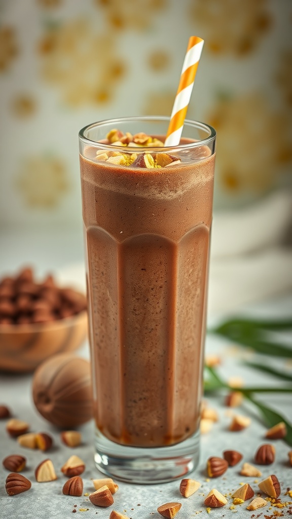 A tall glass of creamy pistachio and Dubai chocolate smoothie garnished with nuts and a striped straw.
