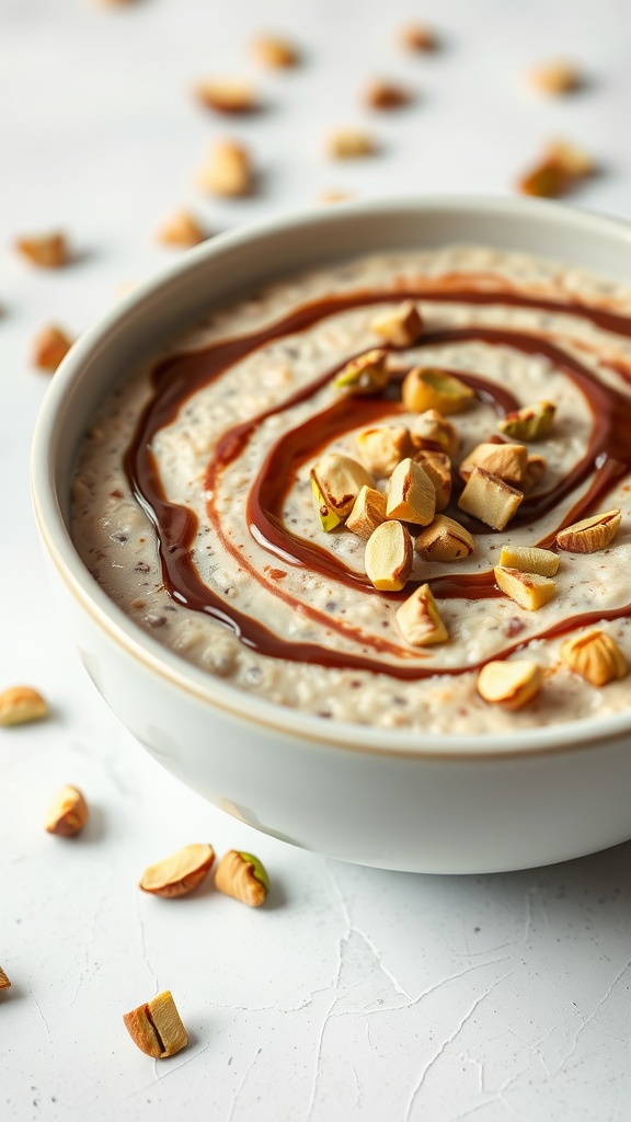 A bowl of creamy tahini chocolate oatmeal drizzled with chocolate and topped with pistachios.