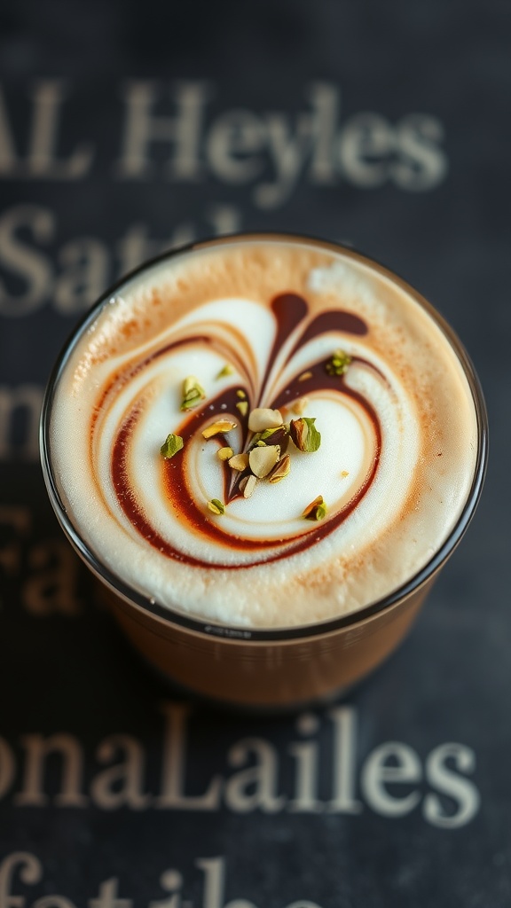 A creamy tahini pistachio latte topped with chocolate drizzle and pistachios in a glass.