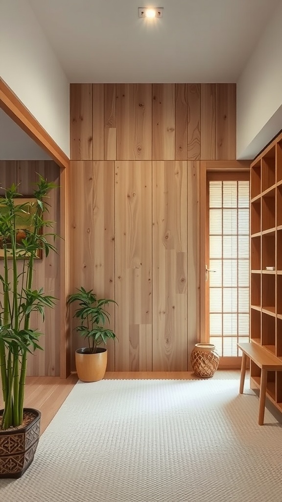 Interior view of a small Japanese apartment with wooden walls and plants