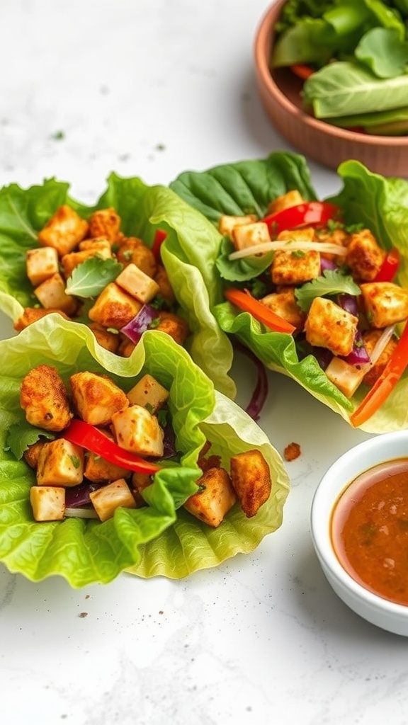 Crispy chicken lettuce wraps with colorful vegetables and a dipping sauce.