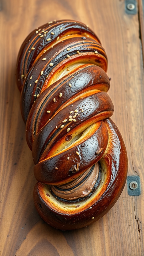 A beautifully twisted chocolate and tahini babka on a wooden surface.