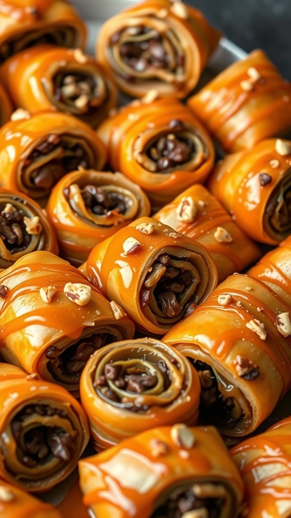 A close-up of chocolate baklava rolls topped with nuts and honey.