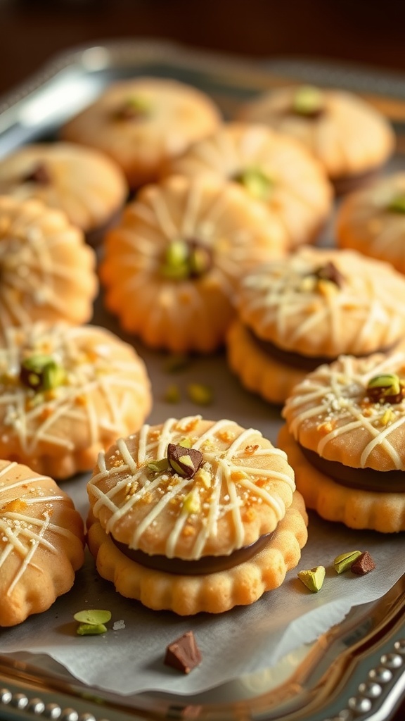 Pistachio Kataifi Cookies with chocolate filling on a silver platter.