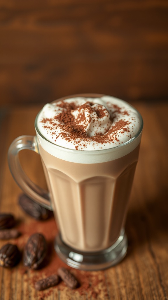 A glass of chocolate date mocha topped with whipped cream and cocoa powder on a wooden table.