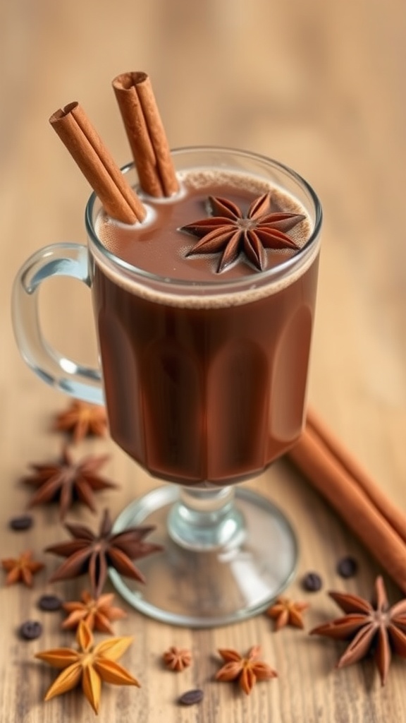 A glass of spiced chocolate drink garnished with cinnamon sticks and star anise.
