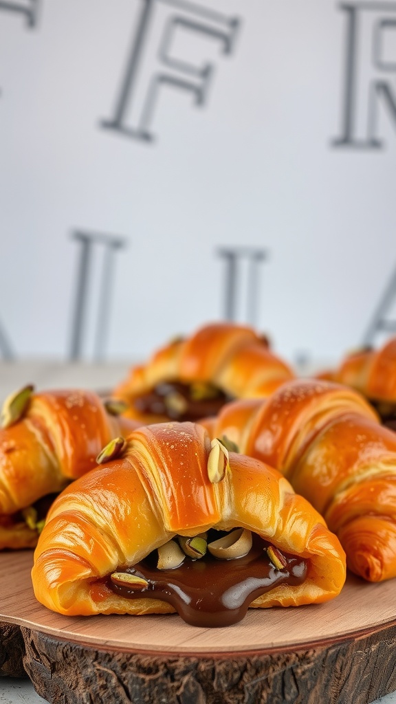 Flaky chocolate pistachio croissant rolls on a wooden board