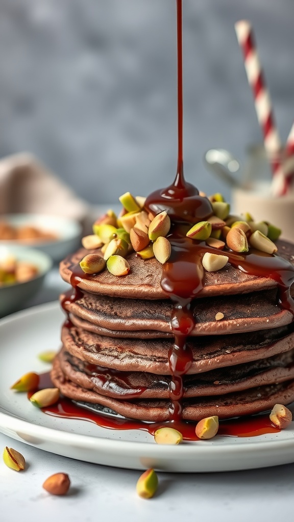 Fluffy Dubai chocolate pancakes topped with pistachios and chocolate sauce.
