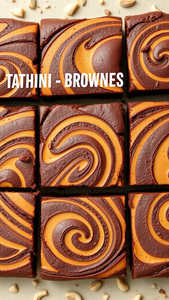 Fudgy Dubai chocolate brownies with a tahini swirl pattern on top.