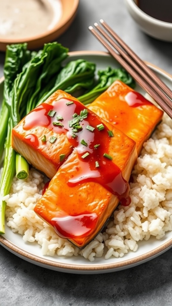 A plate of honey soy glazed salmon served on rice with green vegetables.