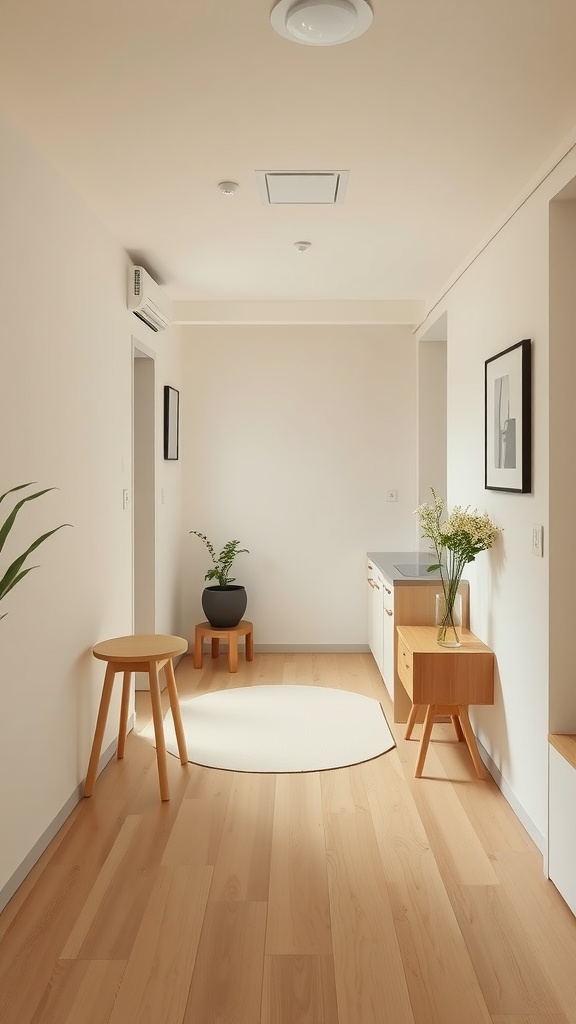 A minimalistic Japanese small apartment showcasing light wood flooring, a small round rug, and simple furniture.
