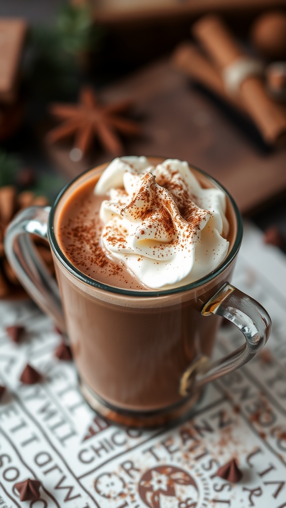 A rich cup of Dubai hot chocolate topped with whipped cream and spices.