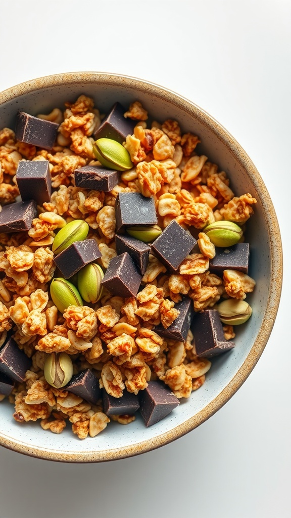 A bowl of knafeh-inspired granola with Dubai chocolate and green pistachios.