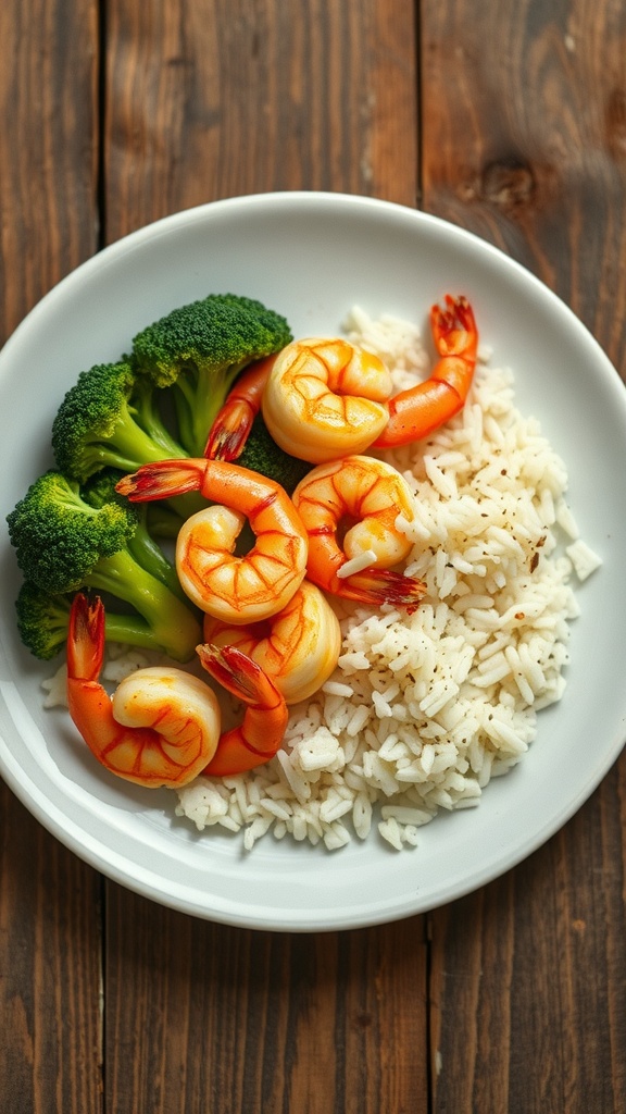 Plate of lemon garlic shrimp with broccoli and rice
