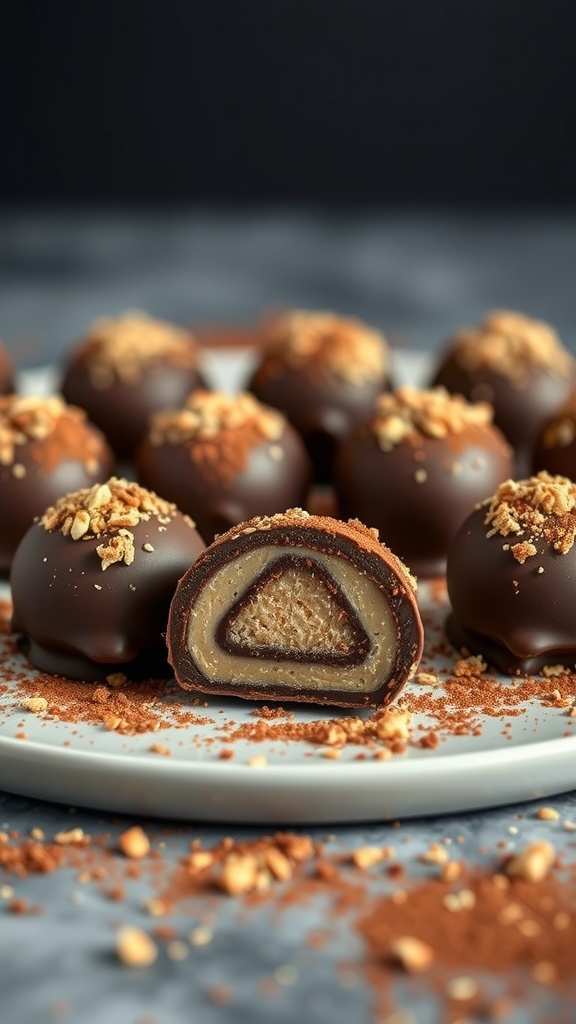 Plate of chocolate truffles with a piece cut open, showing the filling.