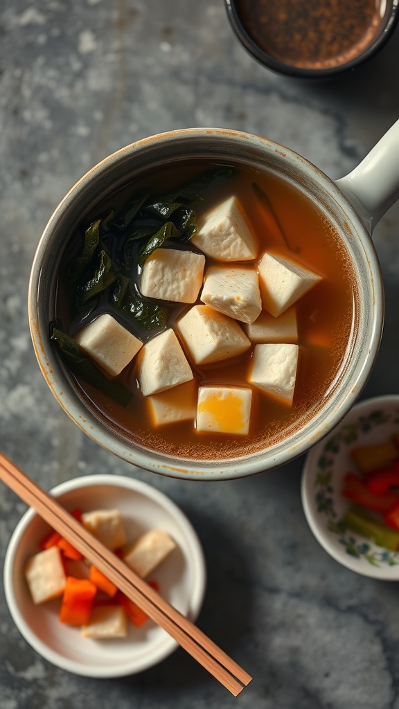 A bowl of miso soup with tofu and seaweed, accompanied by a side of pickled vegetables and chopsticks.