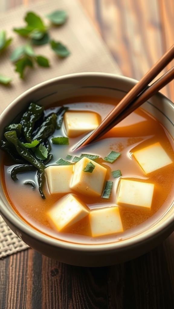 A bowl of miso soup with tofu and seaweed, garnished with green onions.