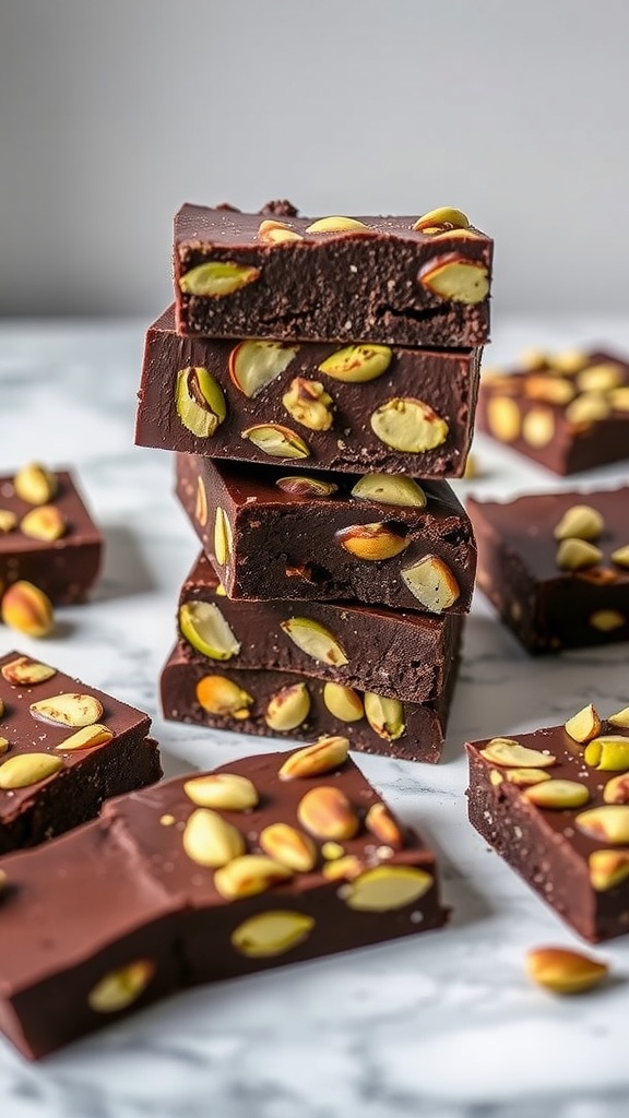 A stack of no-bake pistachio chocolate bars topped with pistachios on a marble surface.