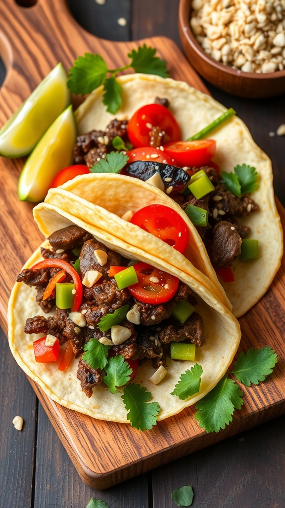 Delicious beef bulgogi tacos with fresh vegetables on a wooden board.