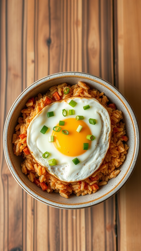 A bowl of kimchi fried rice topped with a sunny-side-up egg and green onions.