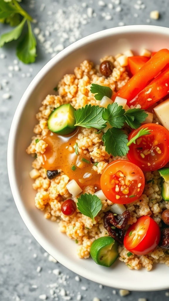 A colorful quinoa bowl with vegetables and sesame ginger dressing