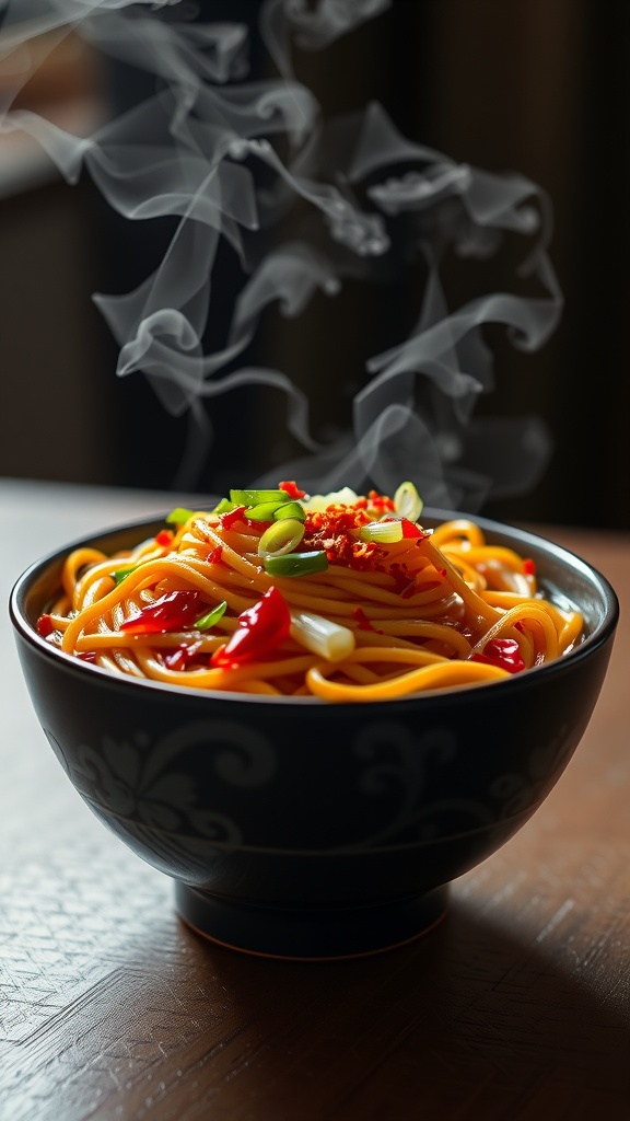 A bowl of spicy Szechuan noodles garnished with red peppers and green onions, steaming hot.