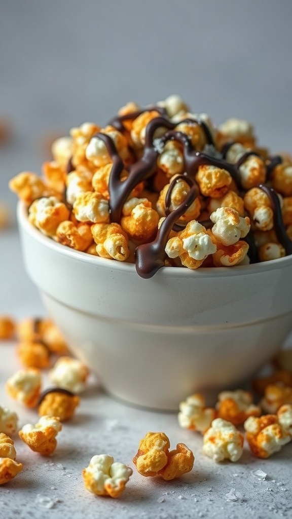 A bowl of sweet and salty chocolate kataifi popcorn topped with chocolate drizzle.