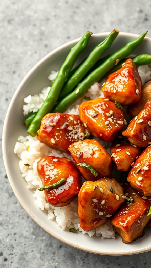 A bowl of teriyaki chicken on rice with green beans