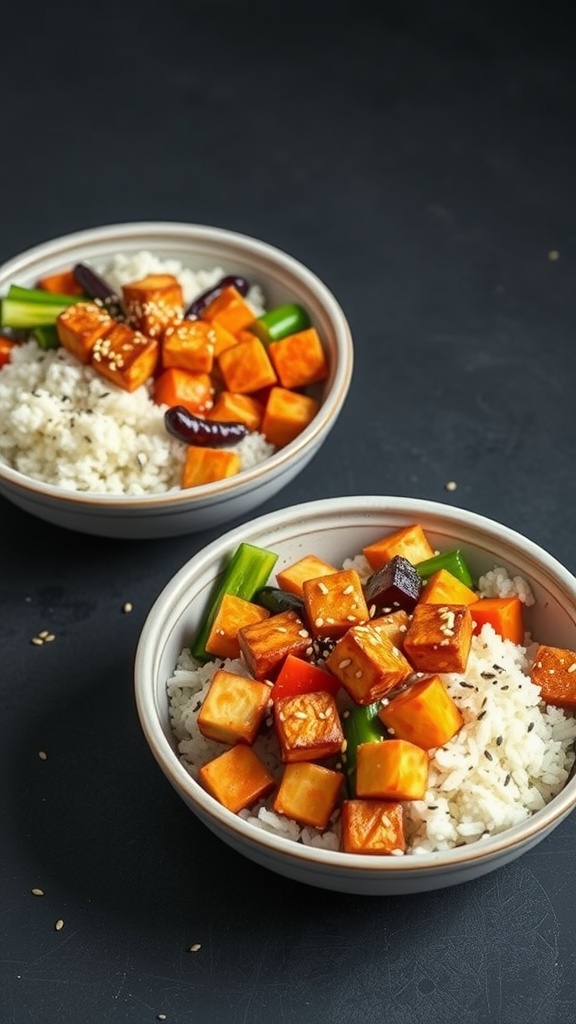 Two bowls of teriyaki tofu with rice and vegetables.