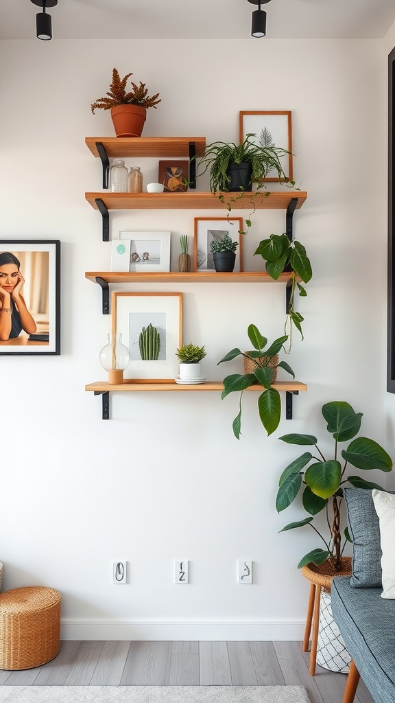 Shelves with plants and decor hanging on a wall in a modern small apartment