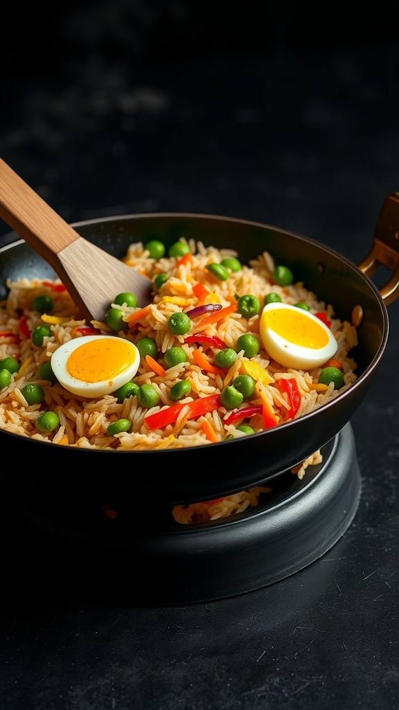 A close-up of vegetable fried rice in a wok, featuring peas, bell peppers, and soft-boiled eggs.