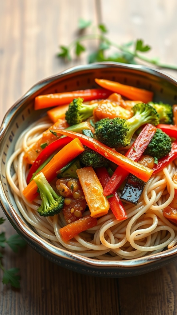 A bowl of vegetable stir-fry with soba noodles, featuring colorful vegetables like carrots, broccoli, and bell peppers.