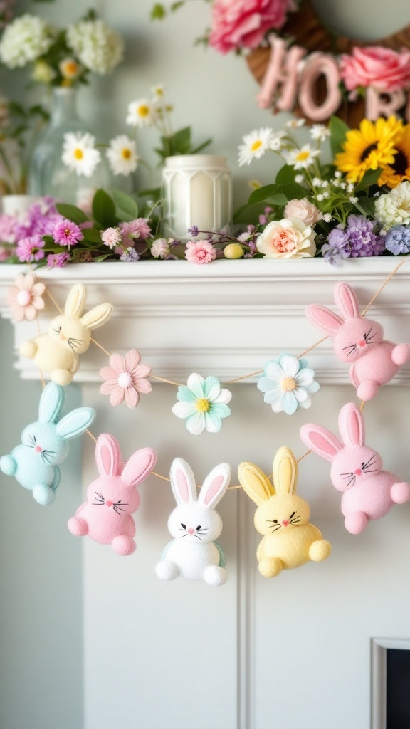 A colorful felt bunny garland with pastel bunnies and flowers, hanging on a mantel.