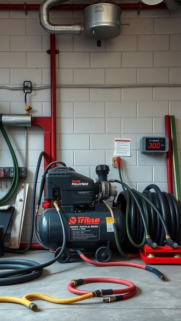 Air compressor setup in a garage with hoses and equipment.