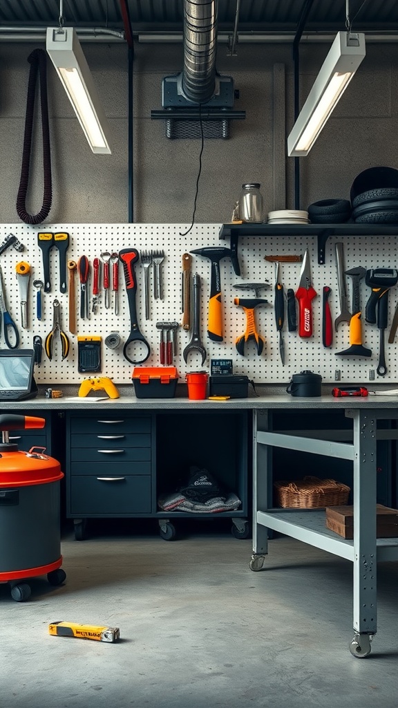 A well-organized automotive workshop with a tool wall filled with various tools.