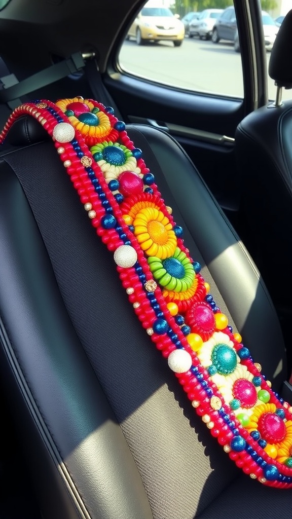 Colorful beaded seatbelt cover on a car seat.