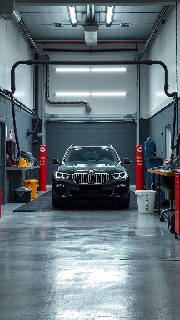 A modern car wash and detailing area in a garage featuring a black car in a clean, well-lit space.