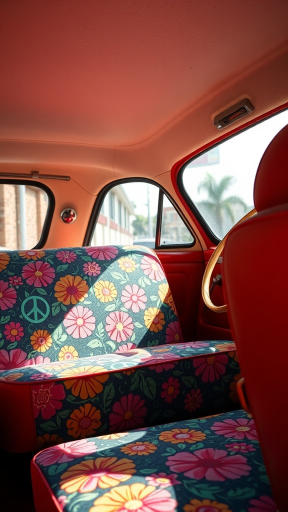 Colorful seat covers with floral patterns in a retro car interior. car accessories hippies