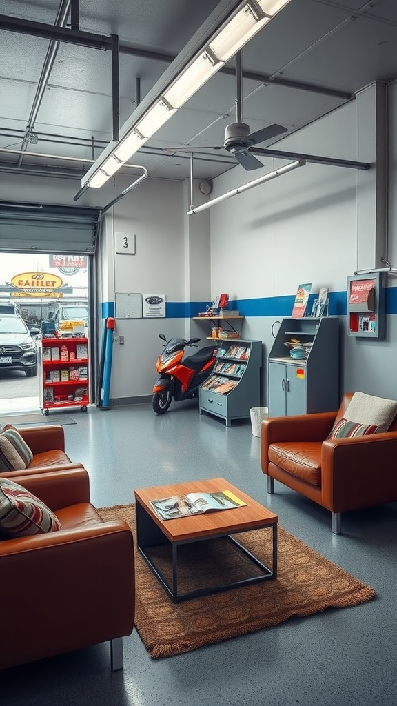 A comfortable waiting area in a car repair garage featuring cozy seating, a coffee station, and informative brochures.